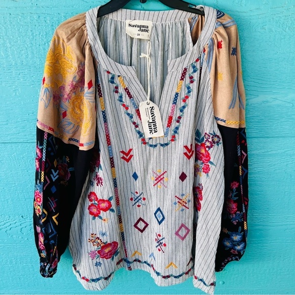 SAVANNA JANE KERRI EMBROIDERED PATCHWORK LS BOHO TOP SIZE 2X NWT - Picture 4 of 9